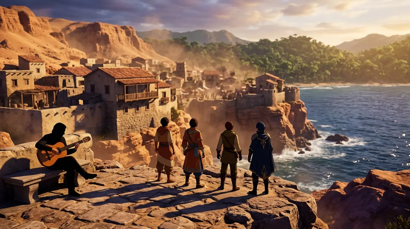 Dagda landscape with fictional warriors and flamenco-inspired atmosphere in Fire Emblem: Fortune's Weave