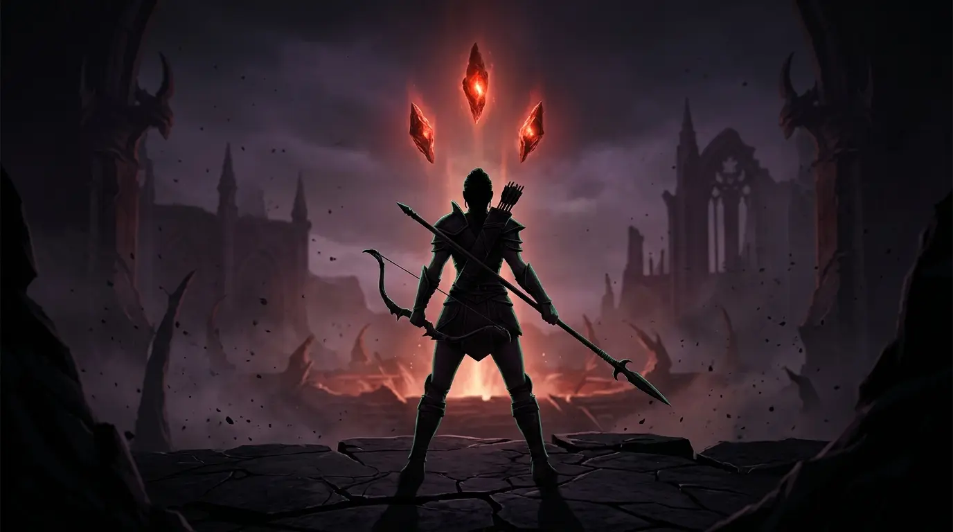 Diablo 4 Amazon warrior facing three evil shards in a dark anniversary-season battlefield