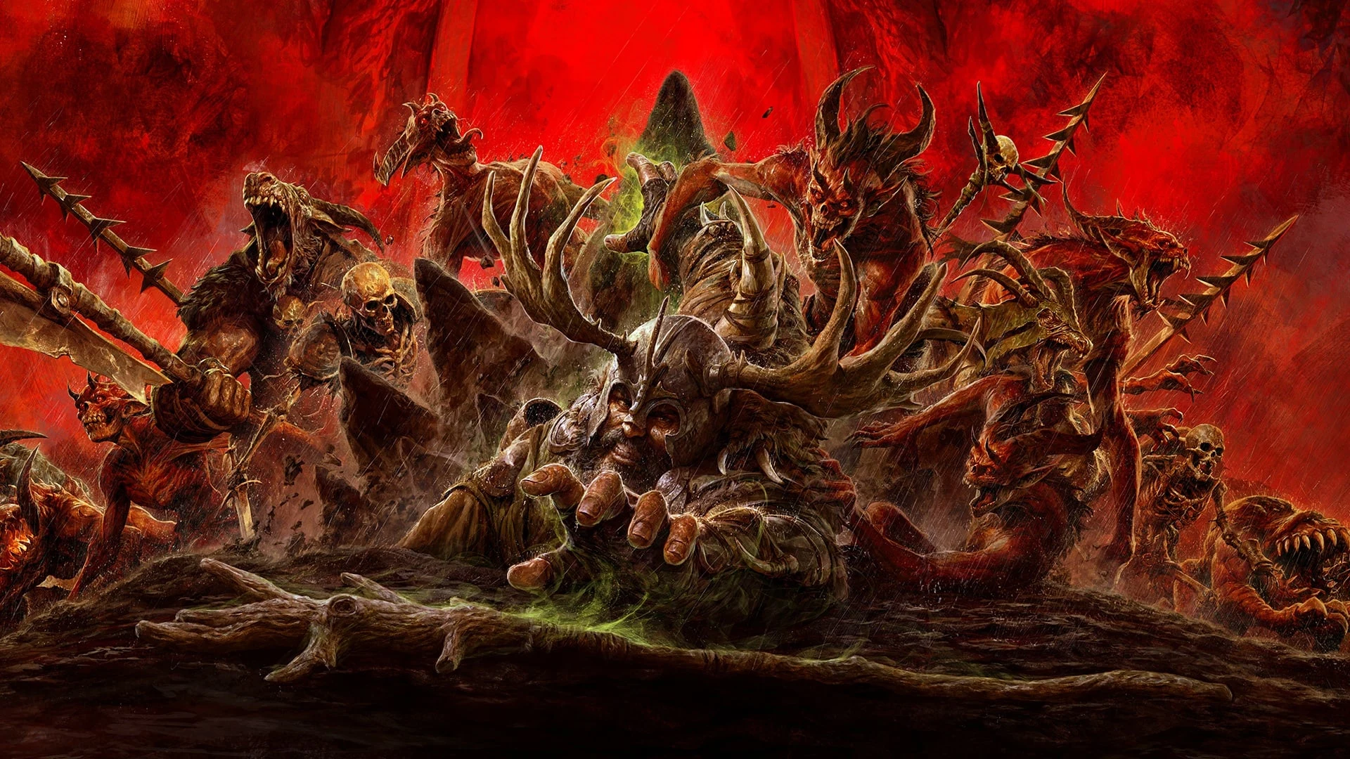 Official key art for Diablo IV featuring a horde of demons against a red background.