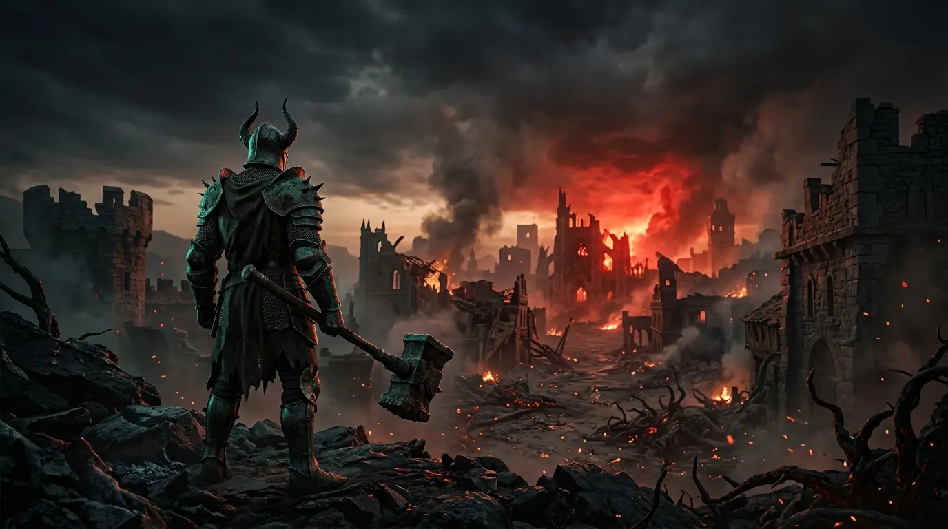 A helmeted Plague Knight overlooks the ruined Westmarch in Diablo 5’s conquered Sanctuary