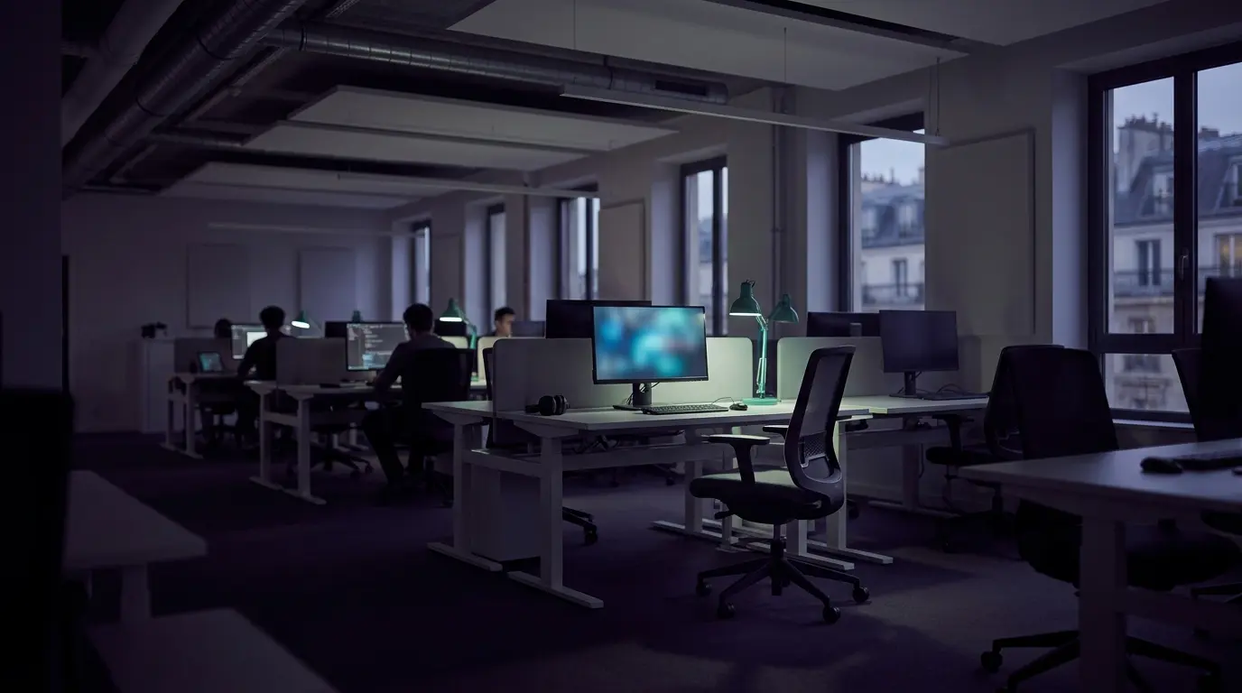 Empty game studio workstations symbolizing financial uncertainty and potential layoffs at a video game developer