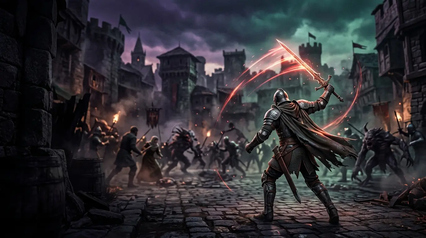Fantasy RPG combat scene in a medieval city representing Dragon’s Dogma 2’s PS5 performance update