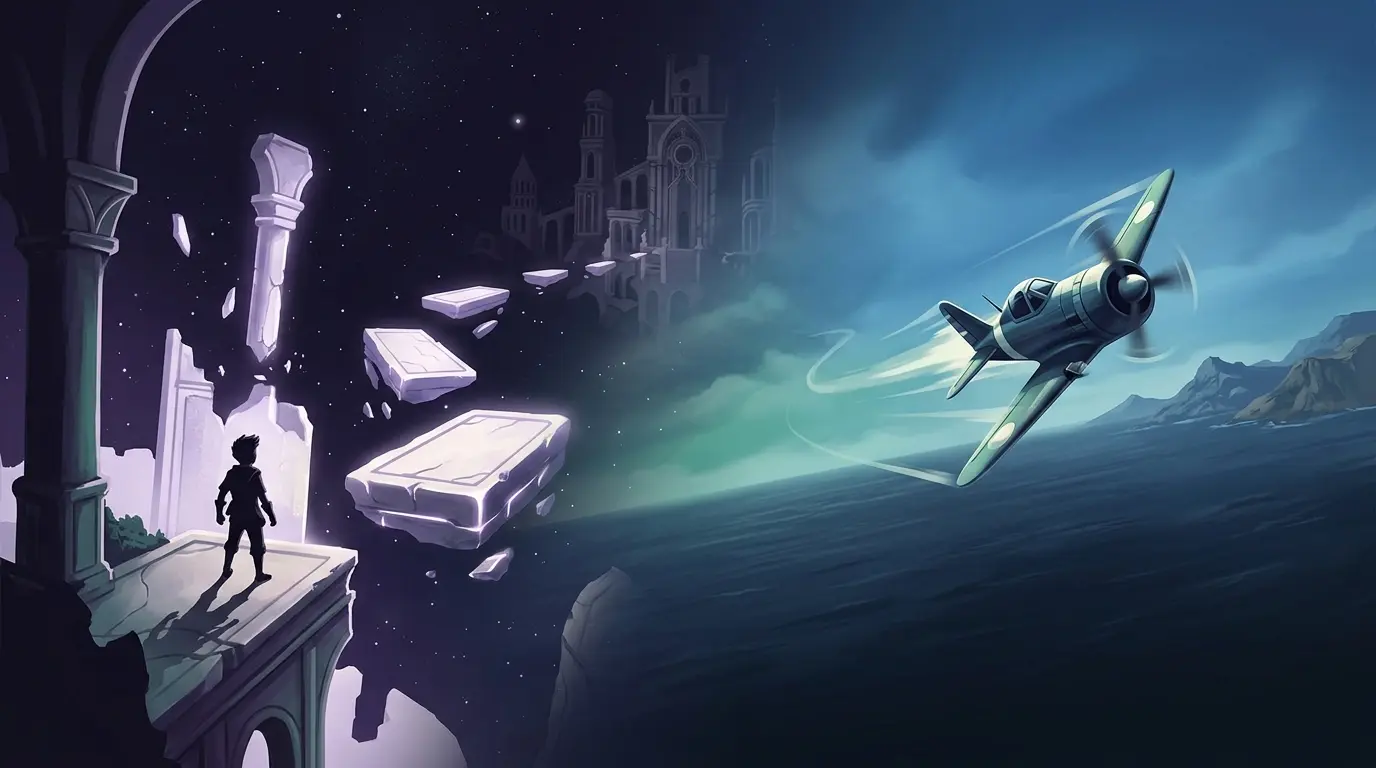 Two contrasting game worlds represent Epic’s double free-game giveaway, from celestial platforming to retro aerial combat.