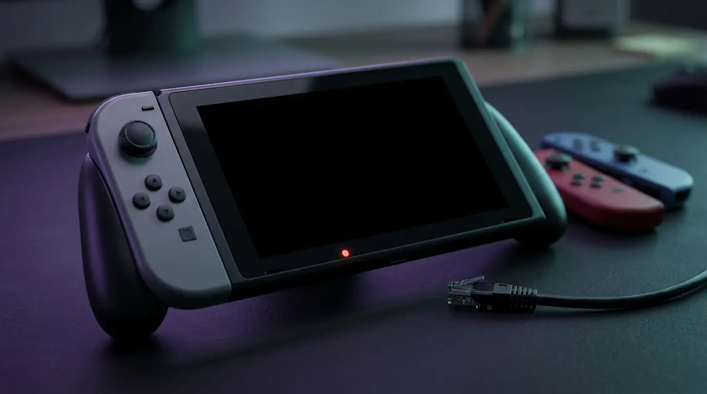 Handheld game console showing a blank screen beside disconnected network hardware, symbolizing Switch 2 ban reports.