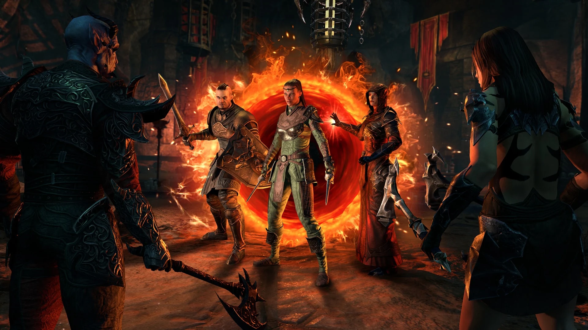 Four characters in The Elder Scrolls Online stand in a dark stone hall with a flaming portal in the center.