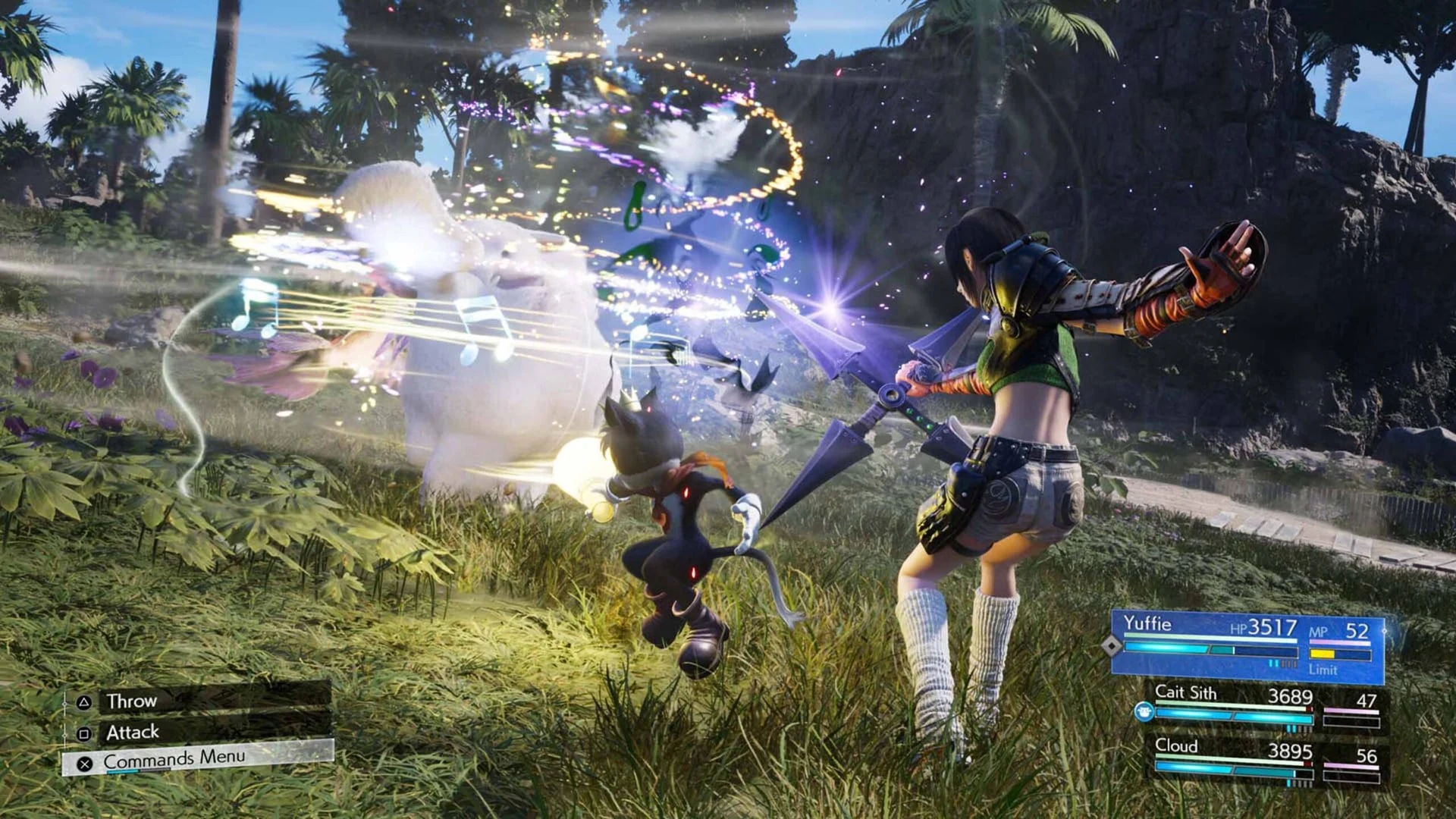 Gameplay screenshot from Final Fantasy VII Rebirth showing Yuffie and Cait Sith in combat against a monster.