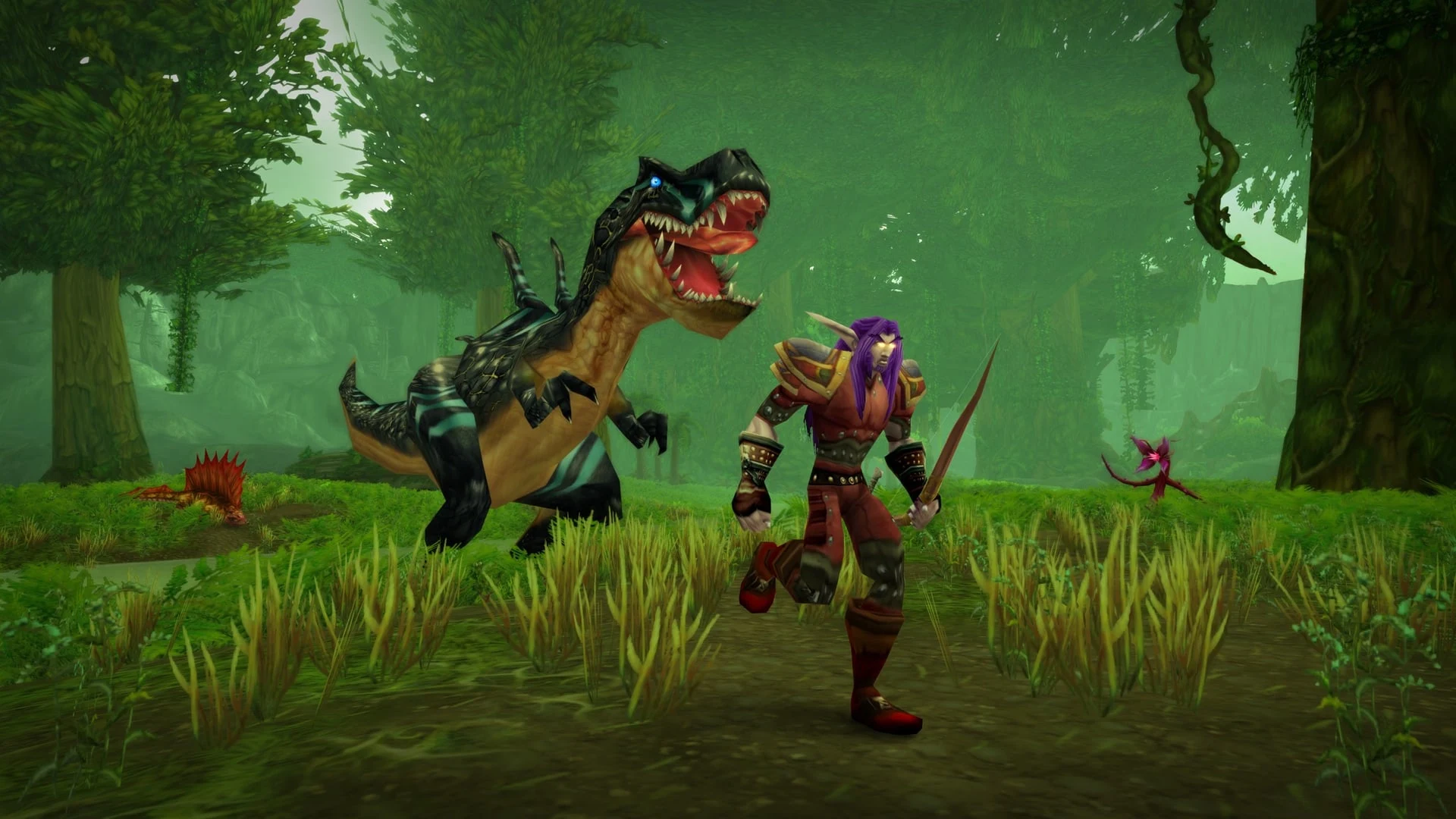 A purple-haired character in armor standing in a lush green forest with a large dinosaur behind them in World of Warcraft.