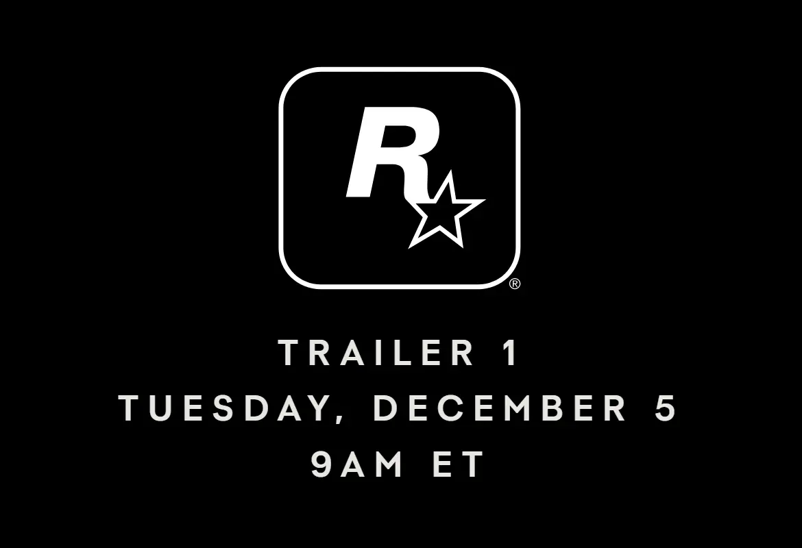 Rockstar Games logo with text announcing Trailer 1 on Tuesday, December 5 at 9AM ET