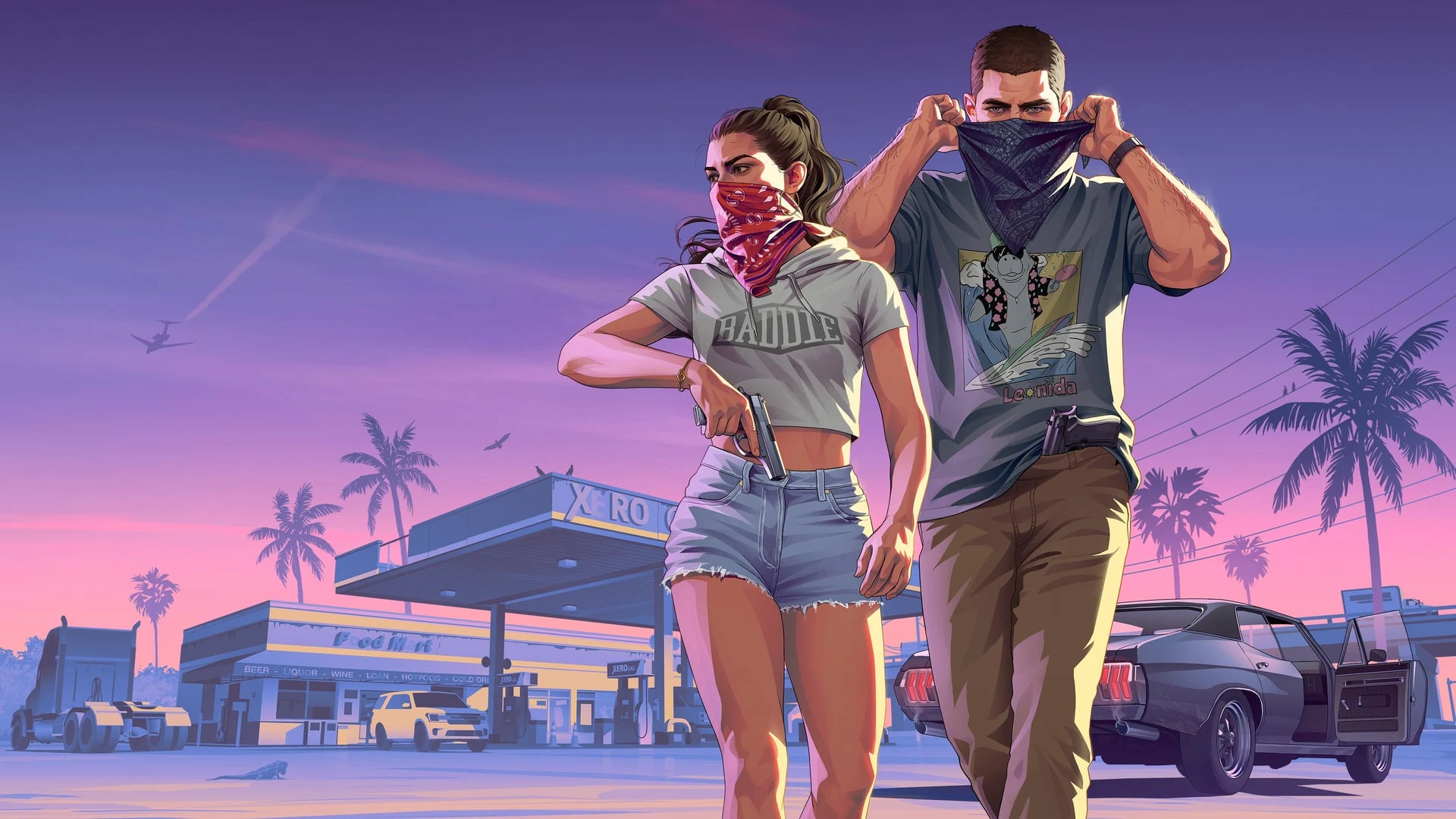Official key art for Grand Theft Auto VI featuring a man and a woman in front of a gas station at sunset.