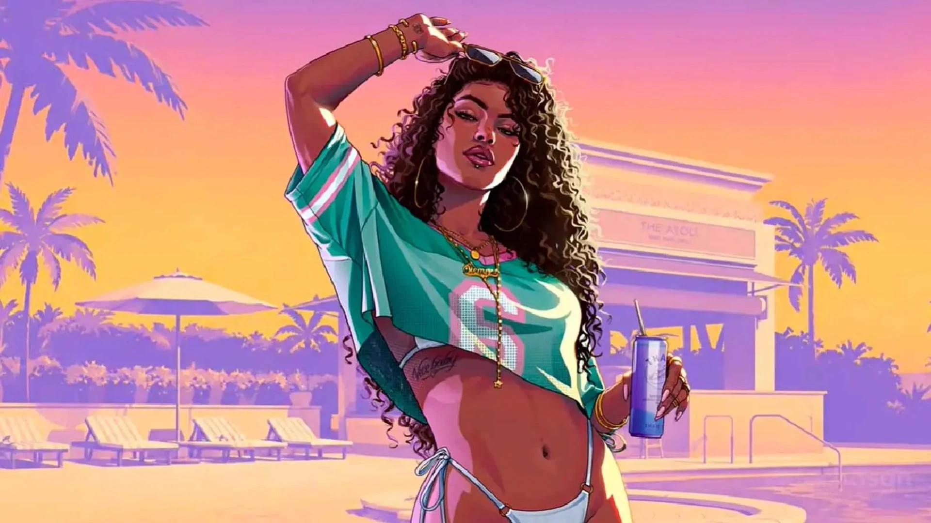Official key art for Grand Theft Auto VI featuring a woman in a green shirt and bikini at a beach resort