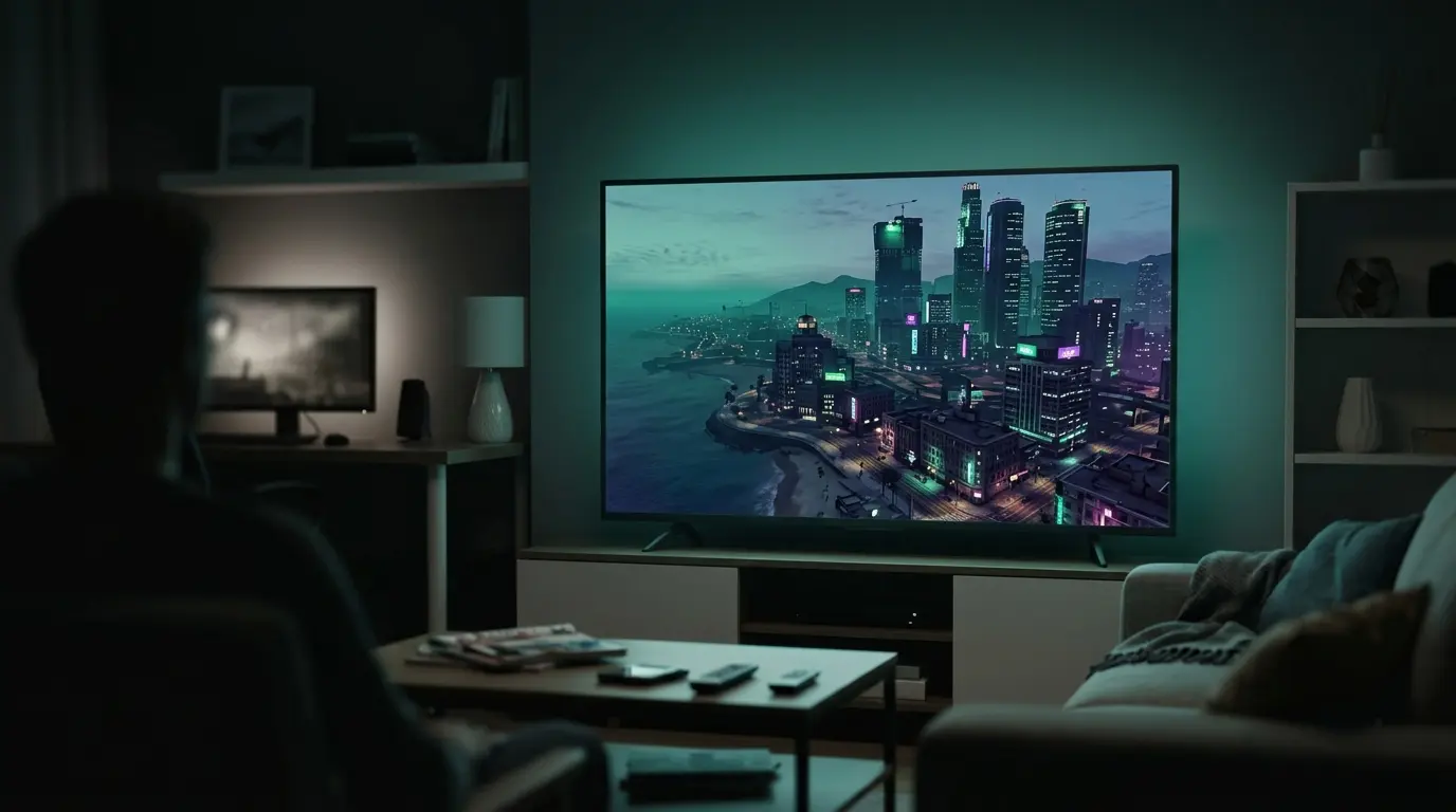 Cinematic gaming showcase playing on a television with teal and violet lighting