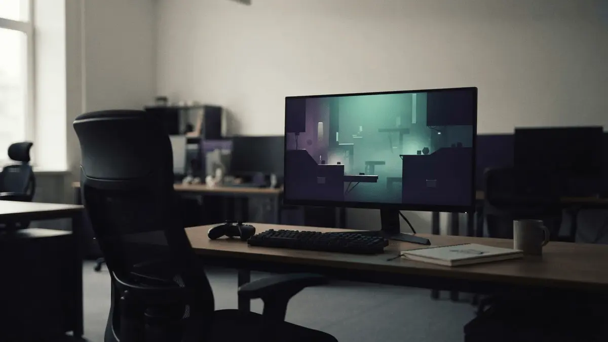 Empty indie game studio workstation after publisher funding collapse and mass layoffs