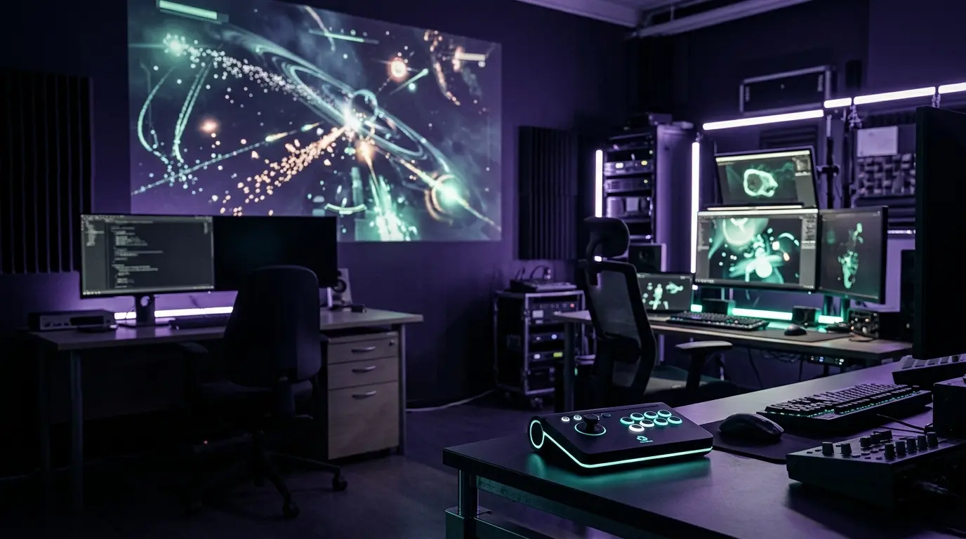 Atmospheric Housemarque-inspired game studio scene symbolizing a planned leadership transition