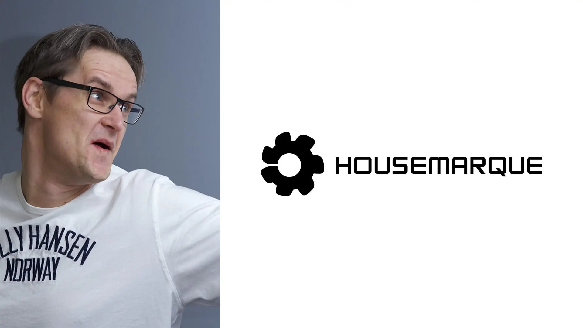 Portrait of Ilari Kuittinen next to the Housemarque company logo