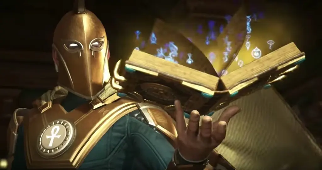 Doctor Fate from Injustice 2 holding an open, glowing magical book.