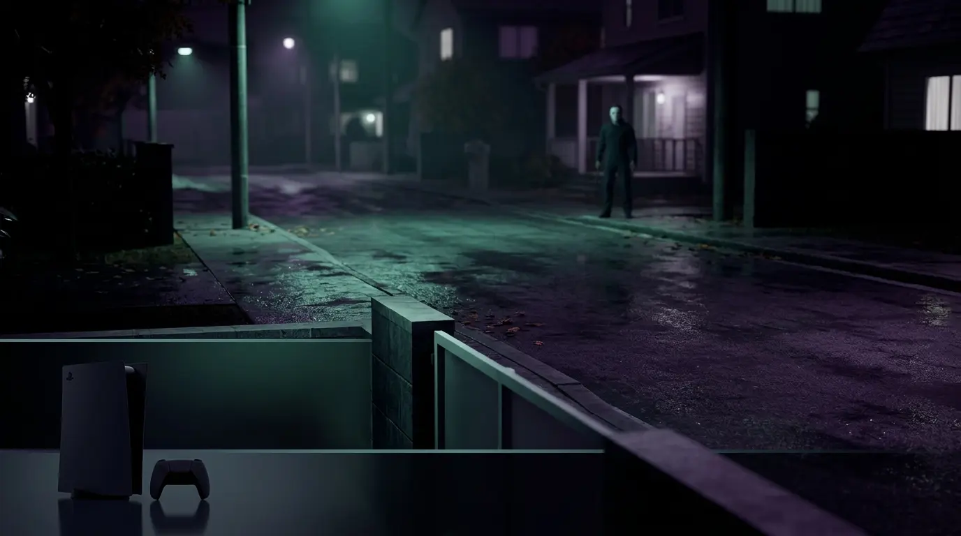 Masked slasher silhouette on a Japanese street representing Halloween: The Game's PS5 rating issue