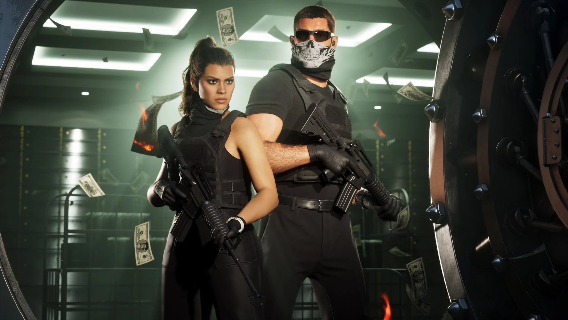 Two characters in tactical gear with rifles standing in a vault with money floating in the air from Grand Theft Auto VI.