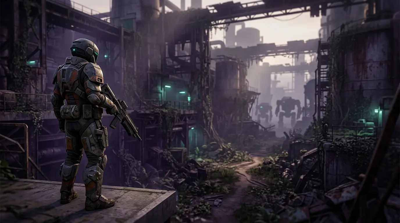 Armored sci-fi Runner surveying a dangerous industrial zone in Marathon’s permanent PvE mode