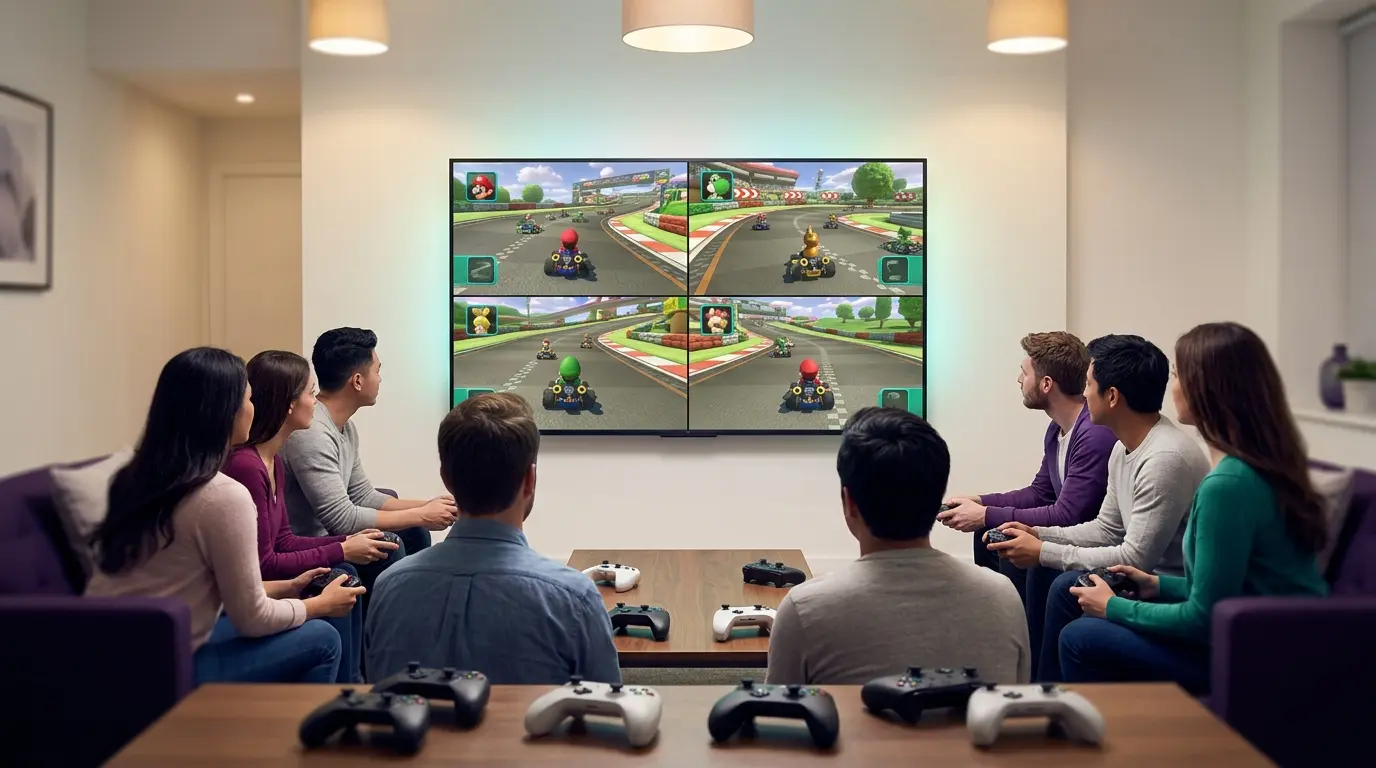 Eight-player split-screen kart racing on Nintendo Switch 2 during a local multiplayer game night