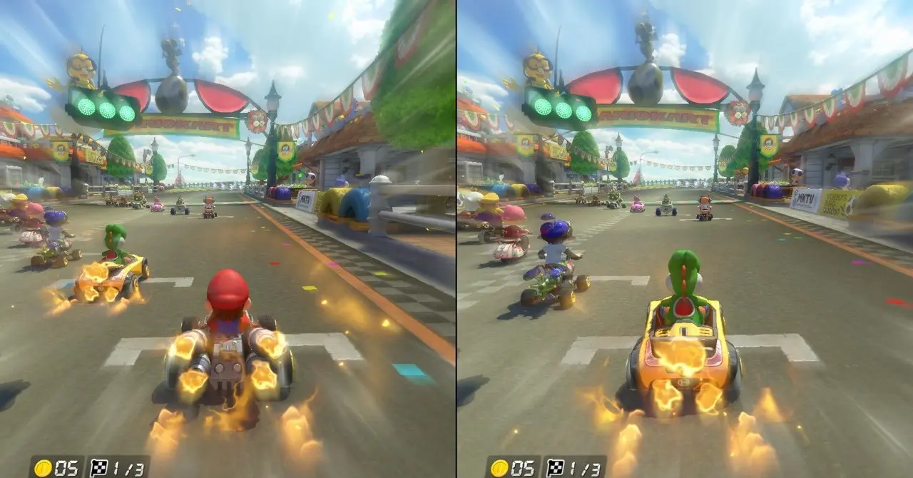 Split-screen multiplayer gameplay of Mario Kart 8 Deluxe featuring Mario and Luigi racing on a track.