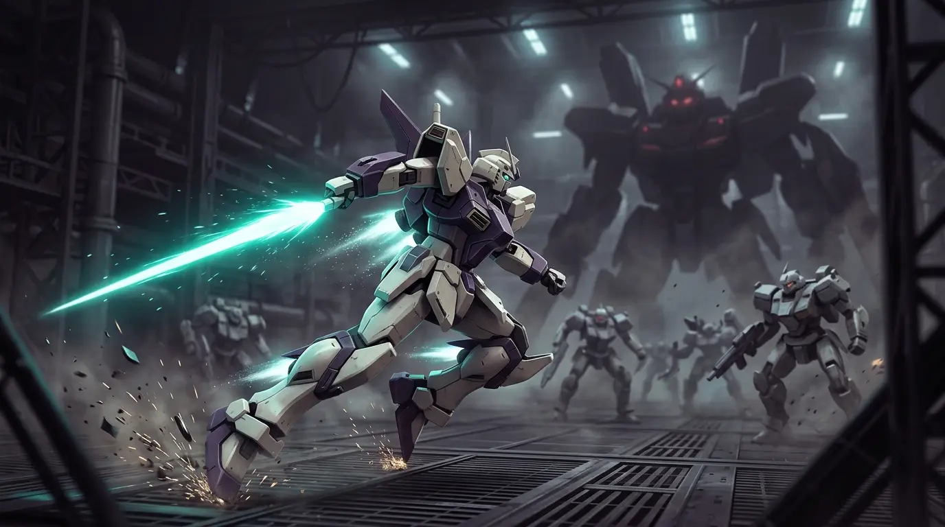 Gundam-inspired mobile suit wielding a melee weapon against enemy machines in an orbital arena