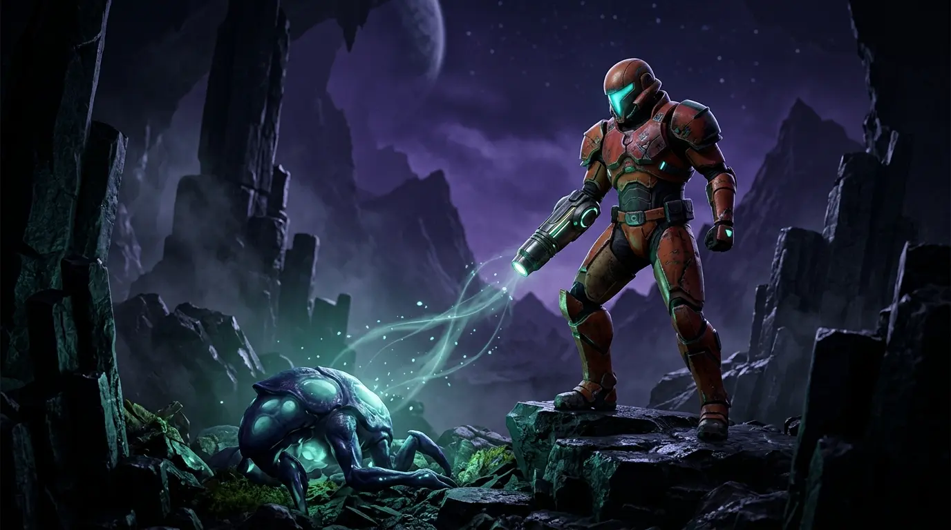 Armored bounty hunter siphoning energy from an alien creature in a dark moon cavern