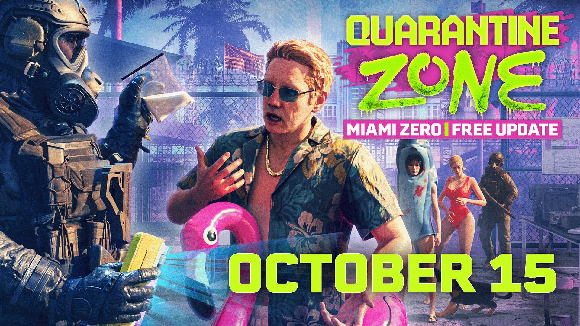 Promotional art for Quarantine Zone: Miami Zero featuring a man in a tropical shirt and a soldier in hazmat gear.