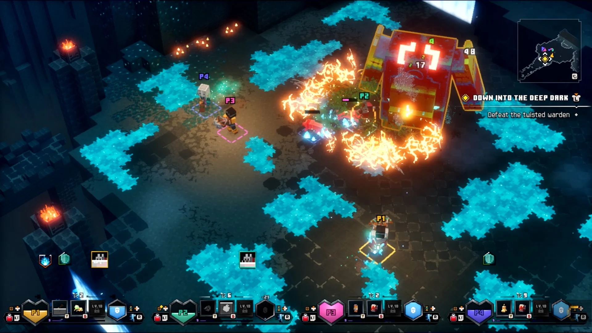 Gameplay screenshot of Minecraft Dungeons 2 showing four players fighting a large fiery boss in a blue crystalline cave.