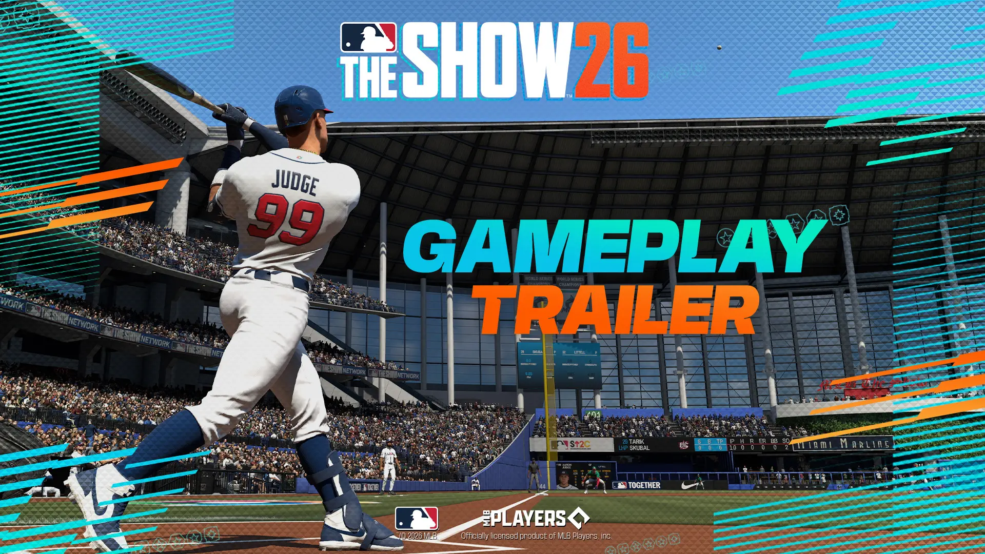 Aaron Judge batting in a stadium with MLB The Show 26 gameplay trailer text overlay