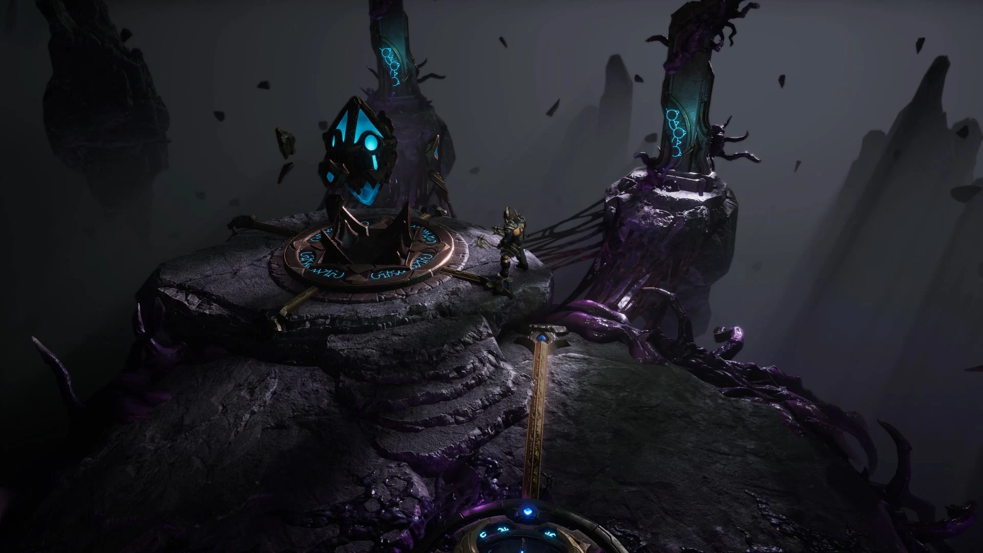 A character standing on a dark, corrupted stone platform with glowing blue crystals and ruins in Last Epoch.