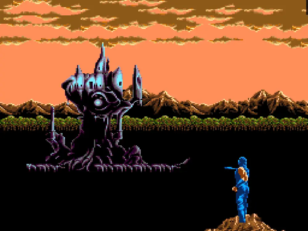 NES gameplay screenshot of Ryu Hayabusa facing a dark, towering fortress under an orange sunset sky