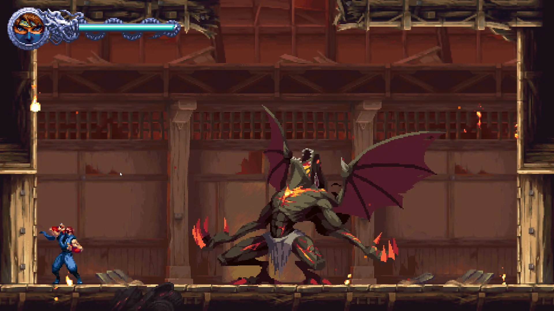 A 2D pixel art gameplay scene from Ninja Gaiden: Ragebound featuring a ninja facing a large winged demon.