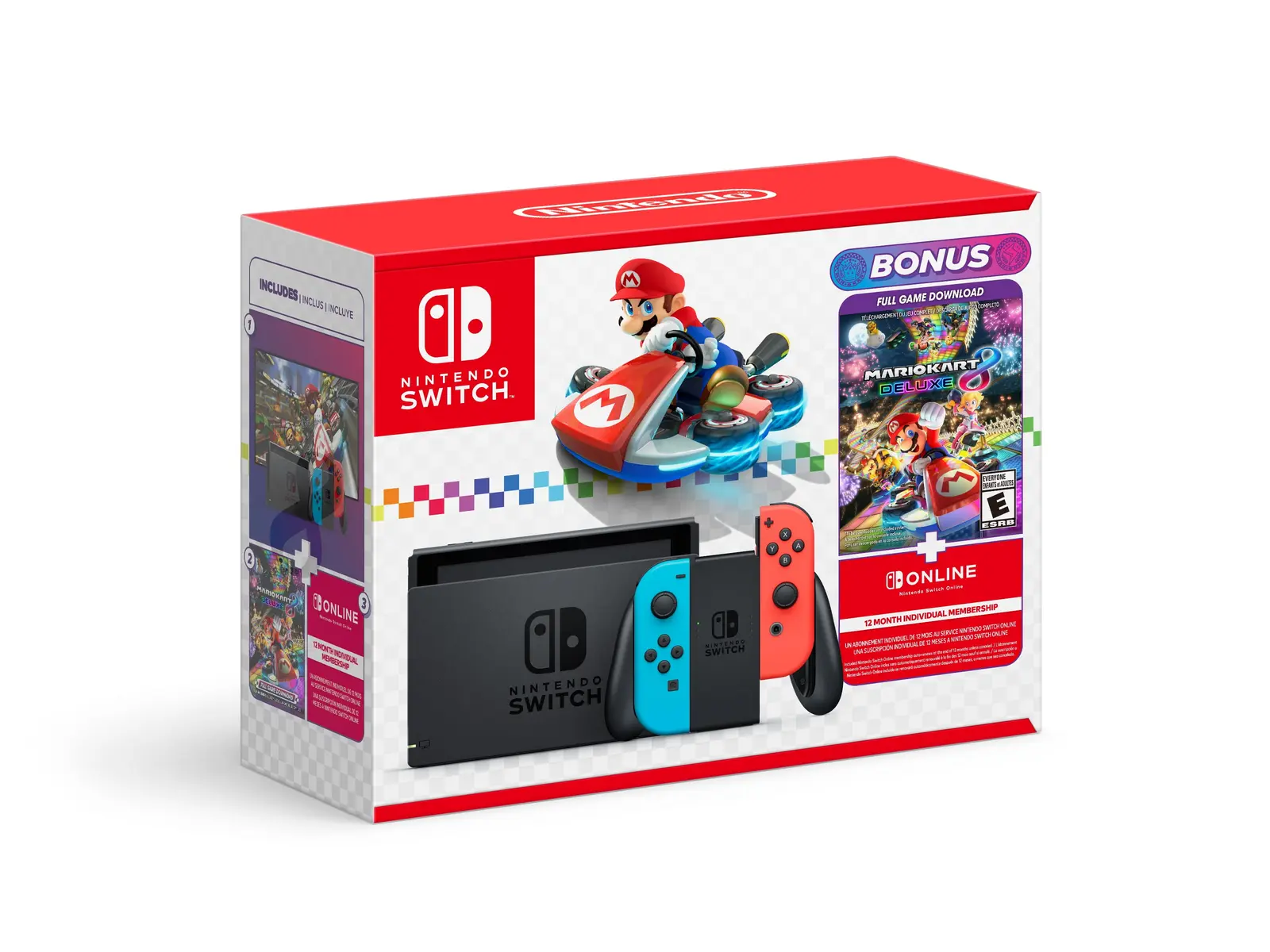 Nintendo Switch console bundle box featuring Mario Kart 8 Deluxe and a 12-month Nintendo Switch Online membership.