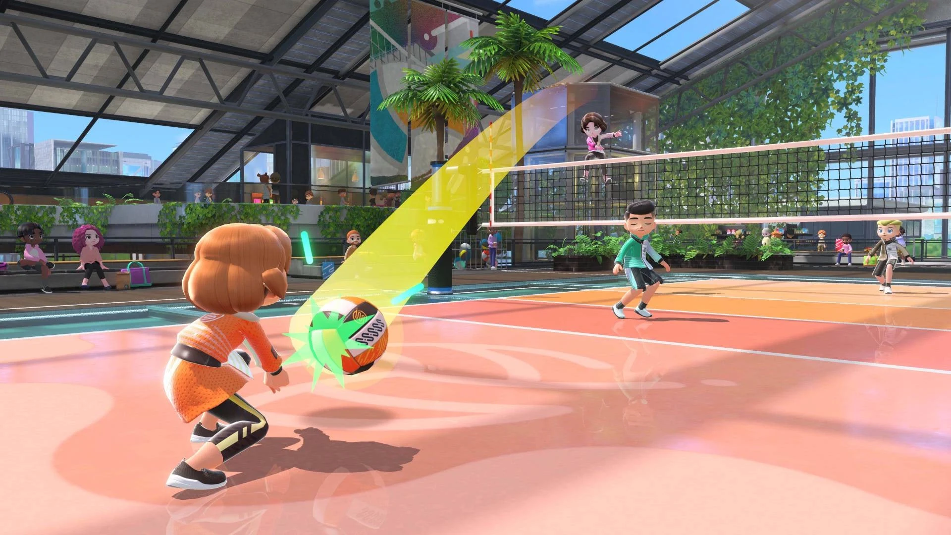 A volleyball match in Nintendo Switch Sports featuring several stylized characters on a court.