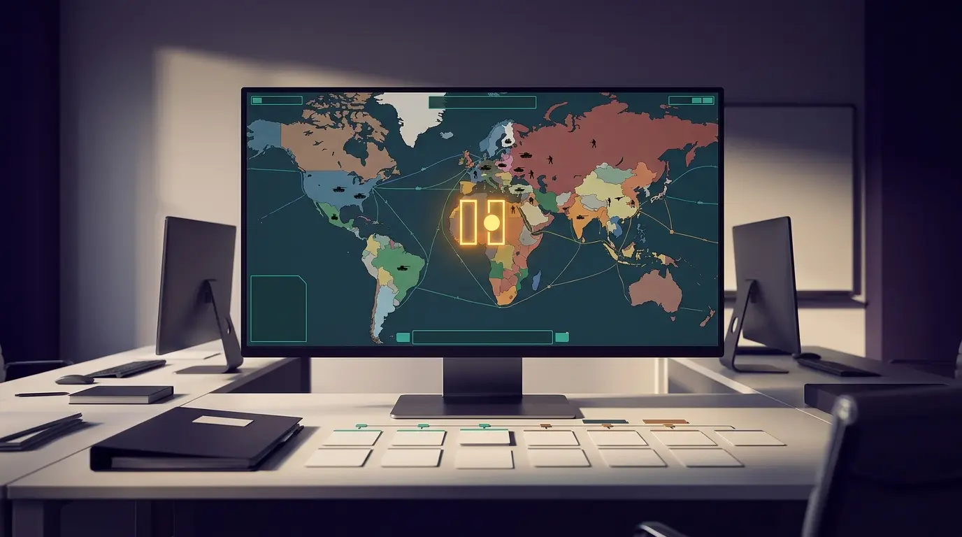 A grand-strategy war room screen shows an abstract map while a game expansion appears paused for rework.