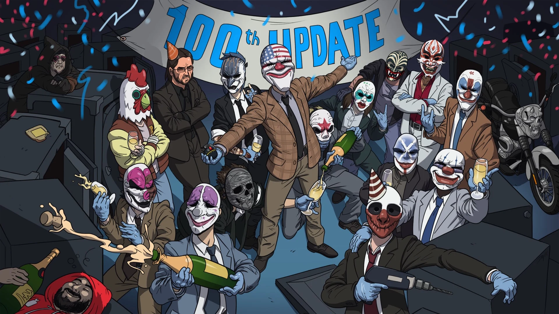Illustrations of masked characters from the Payday franchise celebrating with champagne and confetti under a banner.