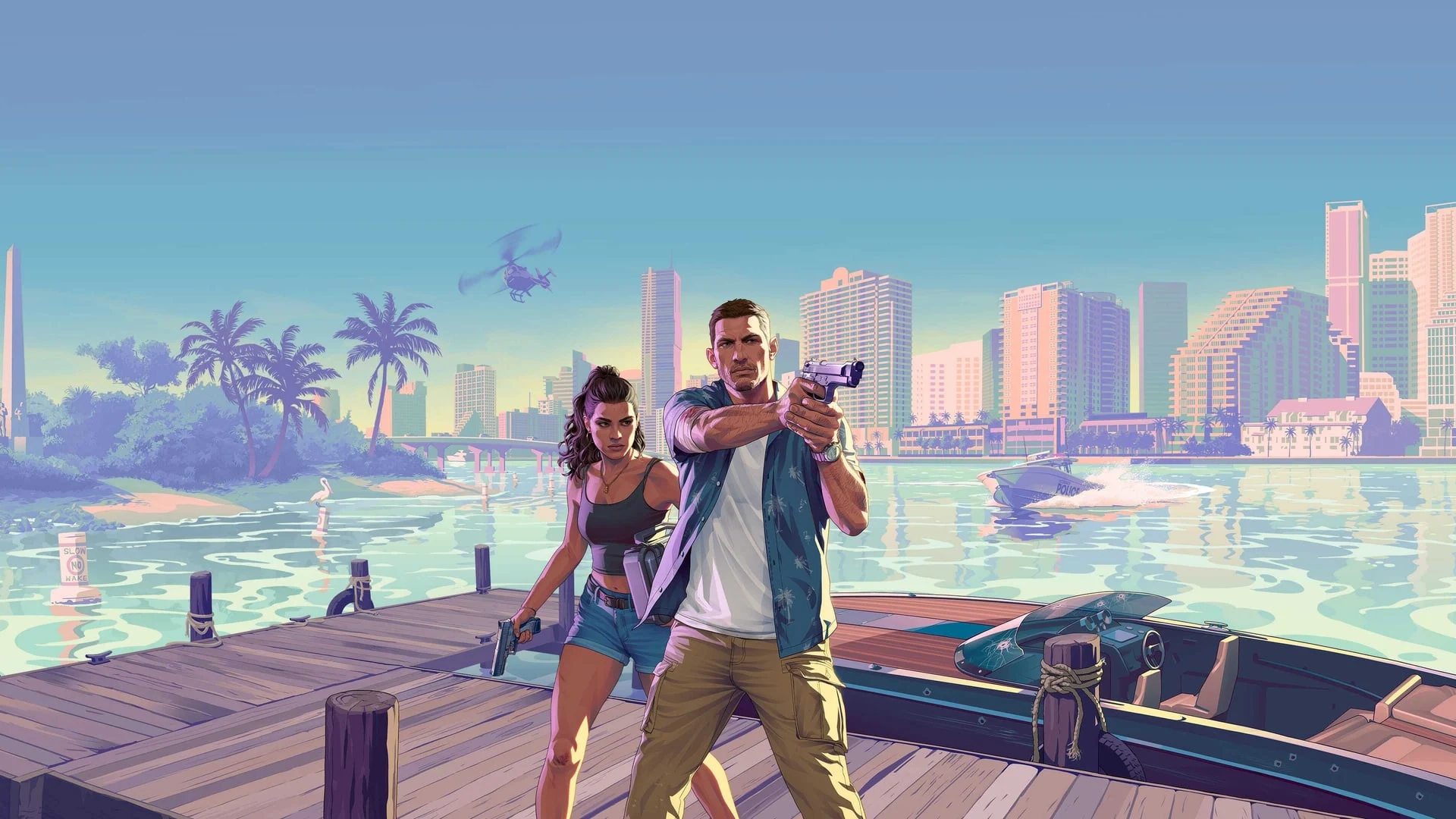 Official key art for Grand Theft Auto VI featuring a man and woman with firearms on a dock with a city skyline backdrop.