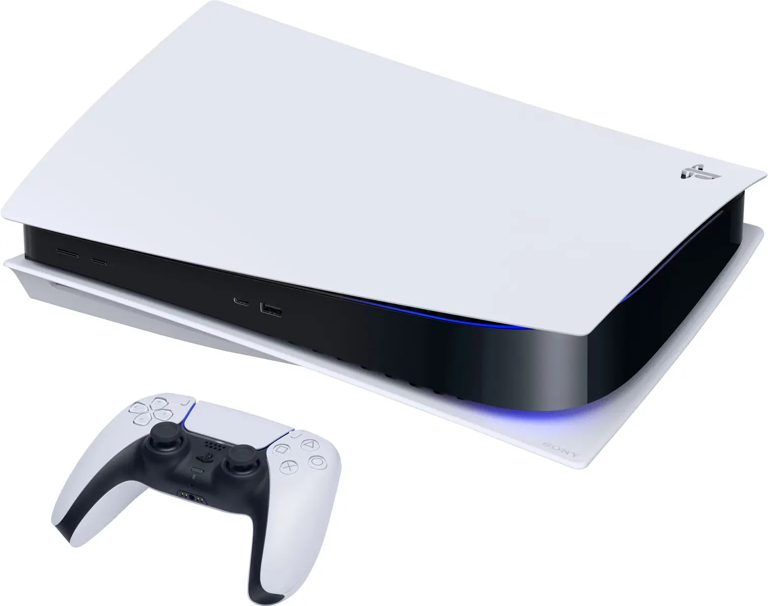 PlayStation 5 console and DualSense wireless controller on a white background