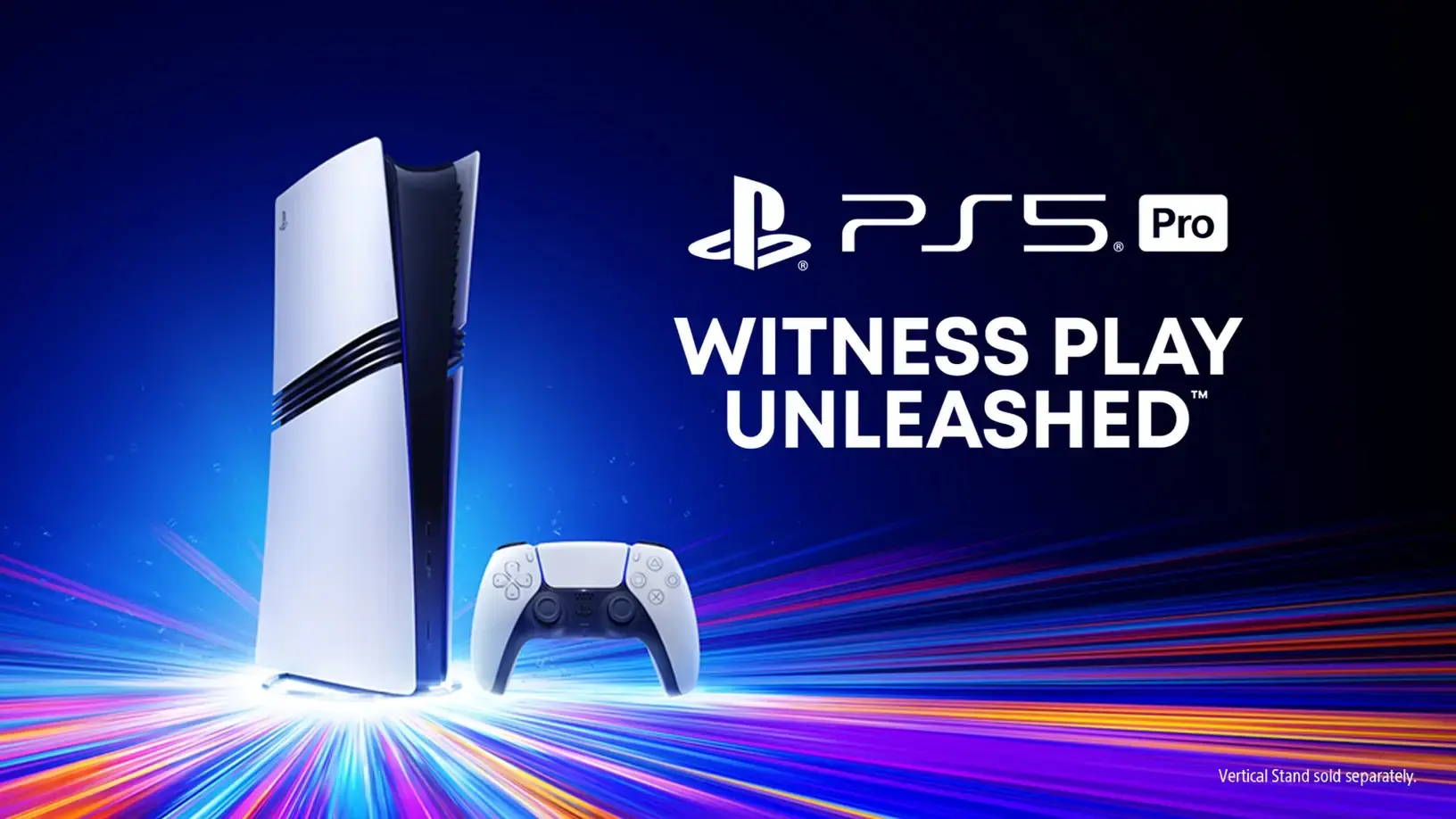 The PlayStation 5 Pro console and DualSense controller against a dark blue background with colorful light streaks.