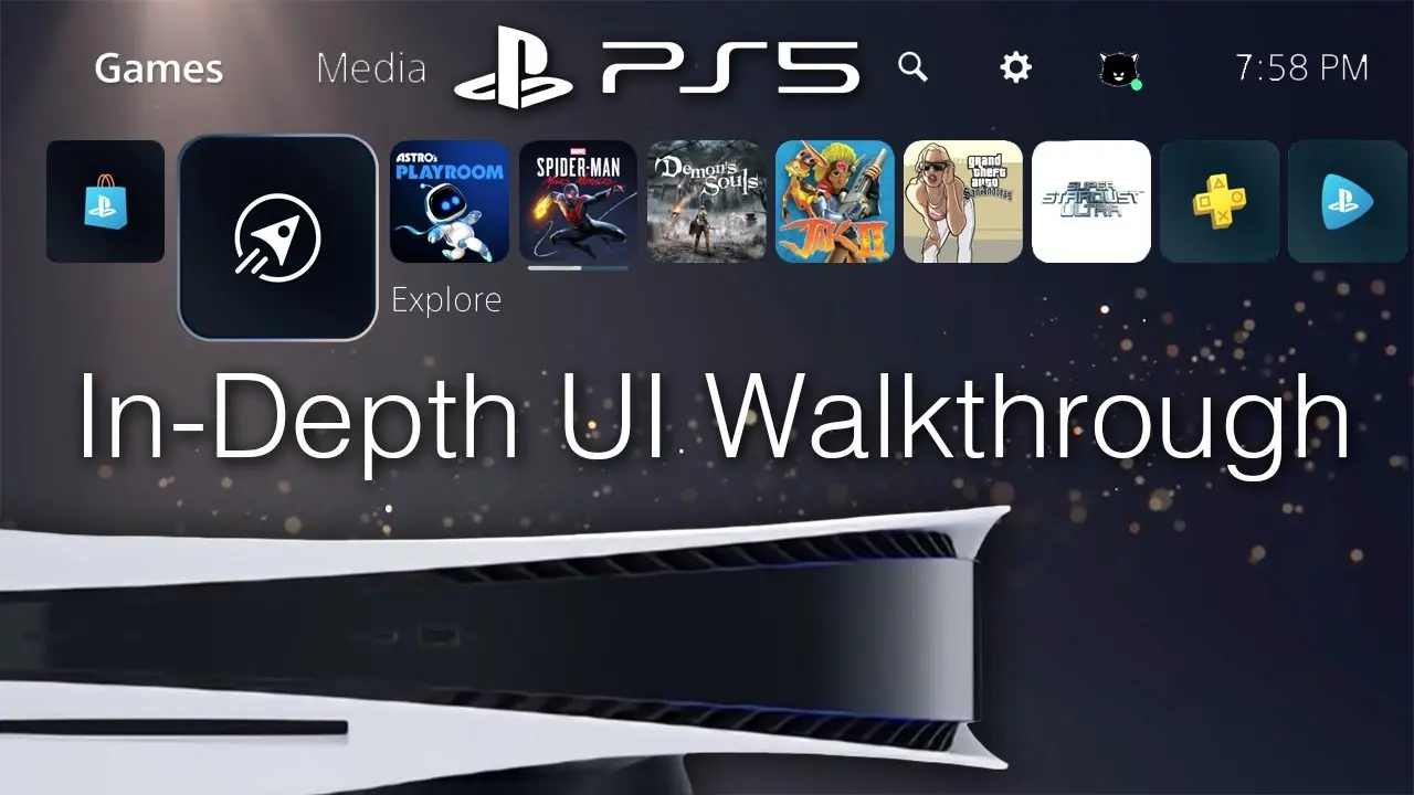 PlayStation 5 home screen interface with game tiles and a large text overlay reading In-Depth UI Walkthrough