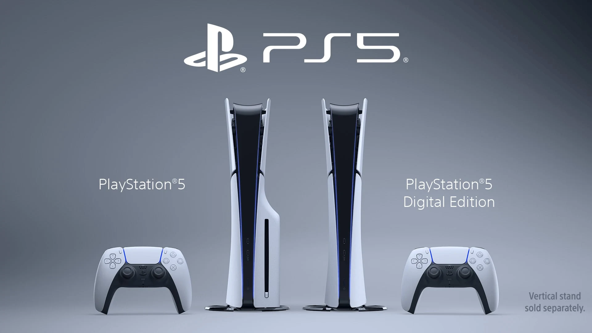 A product shot of the PlayStation 5 and PlayStation 5 Digital Edition consoles with their respective controllers.