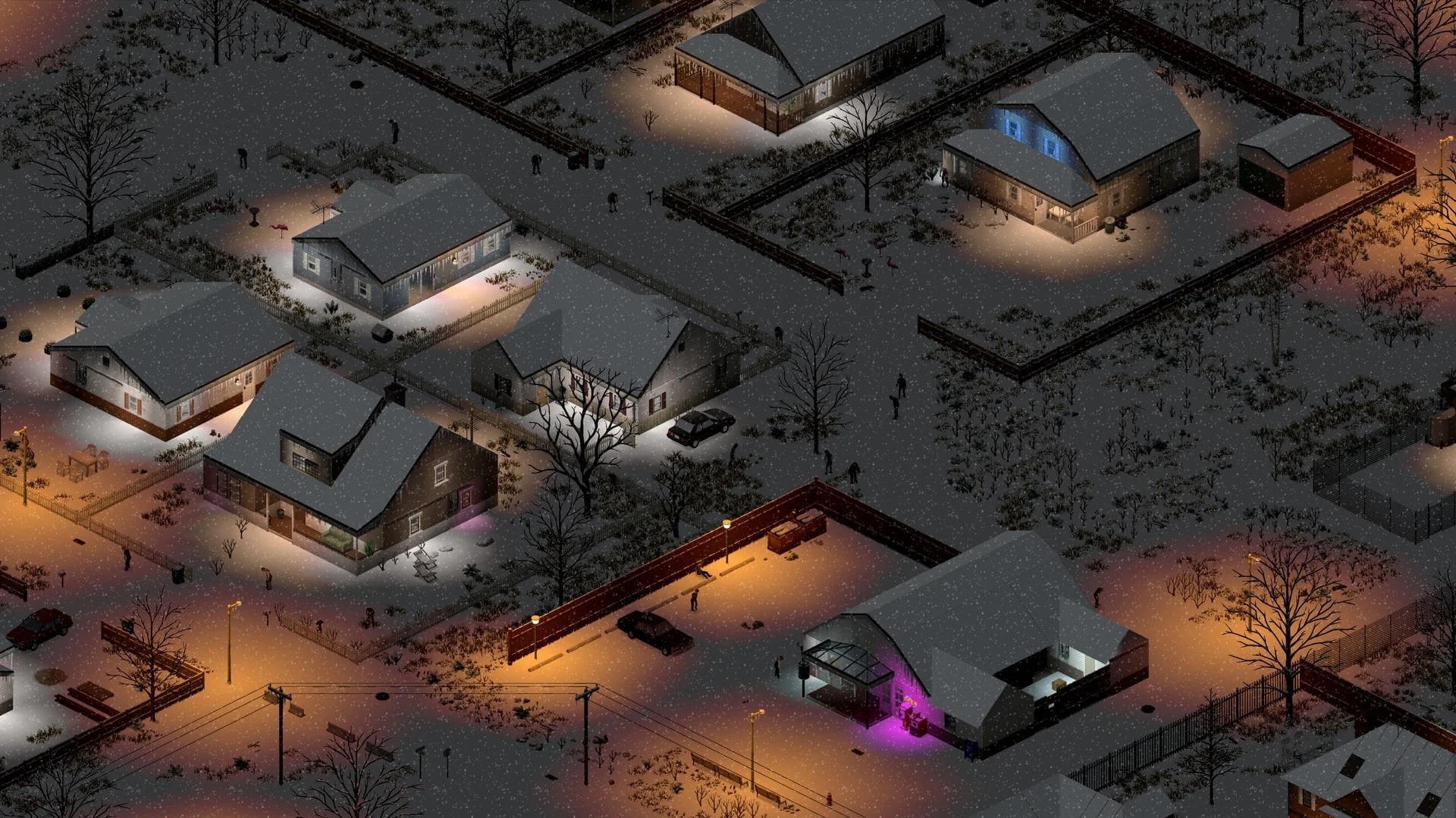 Isometric view of a snowy neighborhood at night from Project Zomboid.