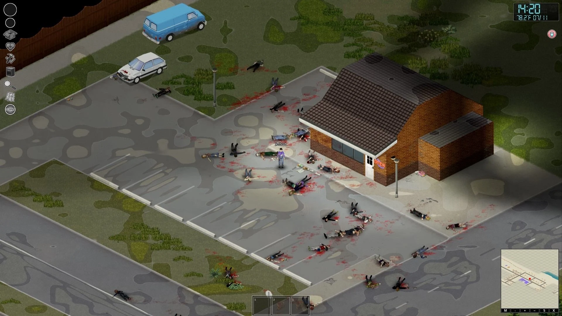 Isometric gameplay screenshot of Project Zomboid showing a survivor surrounded by zombies in a parking lot.