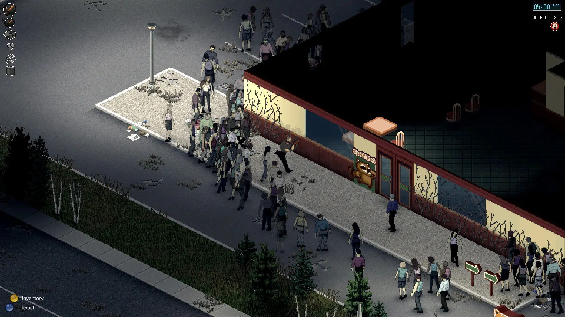 Isometric gameplay view of Project Zomboid showing a horde of zombies surrounding a building.