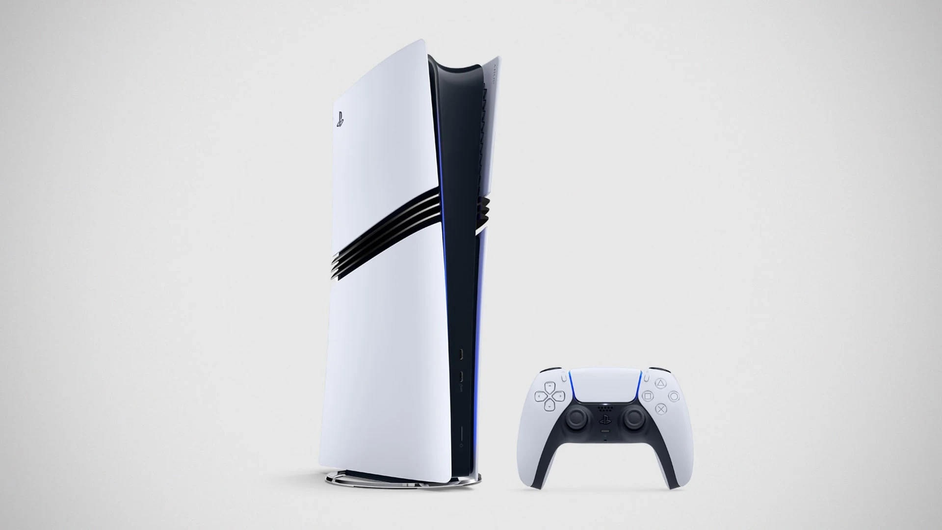 A PlayStation 5 Pro console standing vertically next to a DualSense wireless controller against a plain background.