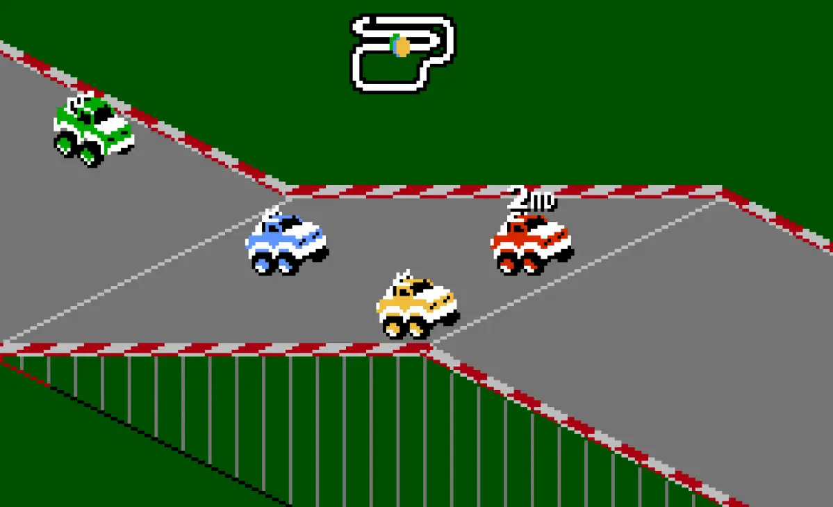 Gameplay screenshot of RC Pro-Am II on NES showing four RC cars racing on a grey track with green grass.