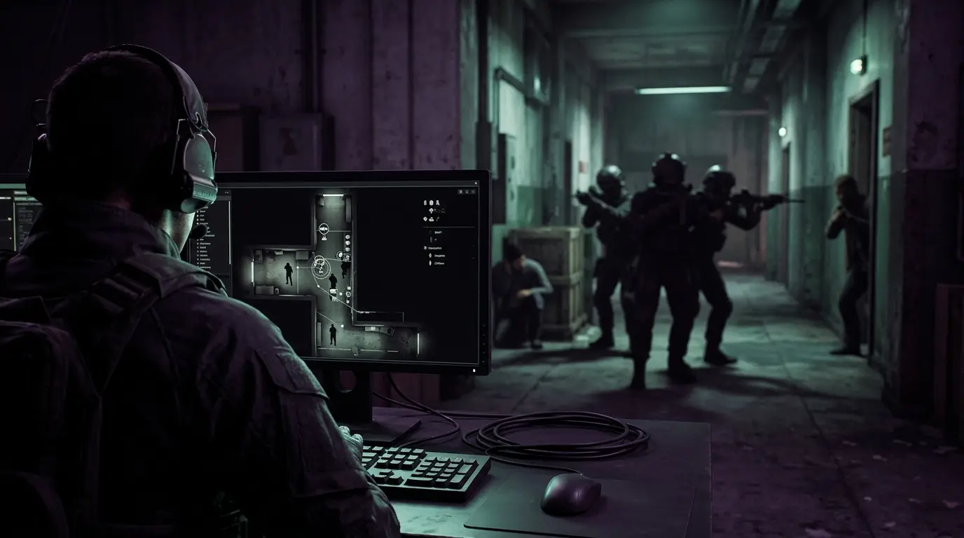 Tactical mission-planning scene representing Ready or Not's Mission Editor and customizable NPC behavior
