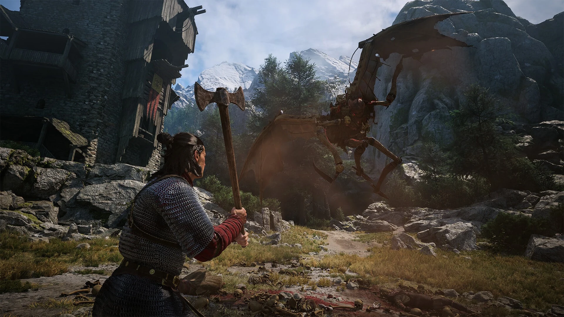 A warrior in chainmail armor holding a large axe facing a skeletal winged creature in a rocky mountain valley.