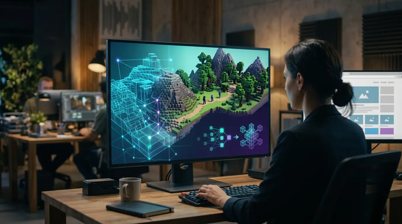 Block-based game world being built with AI-assisted creator tools in a modern studio