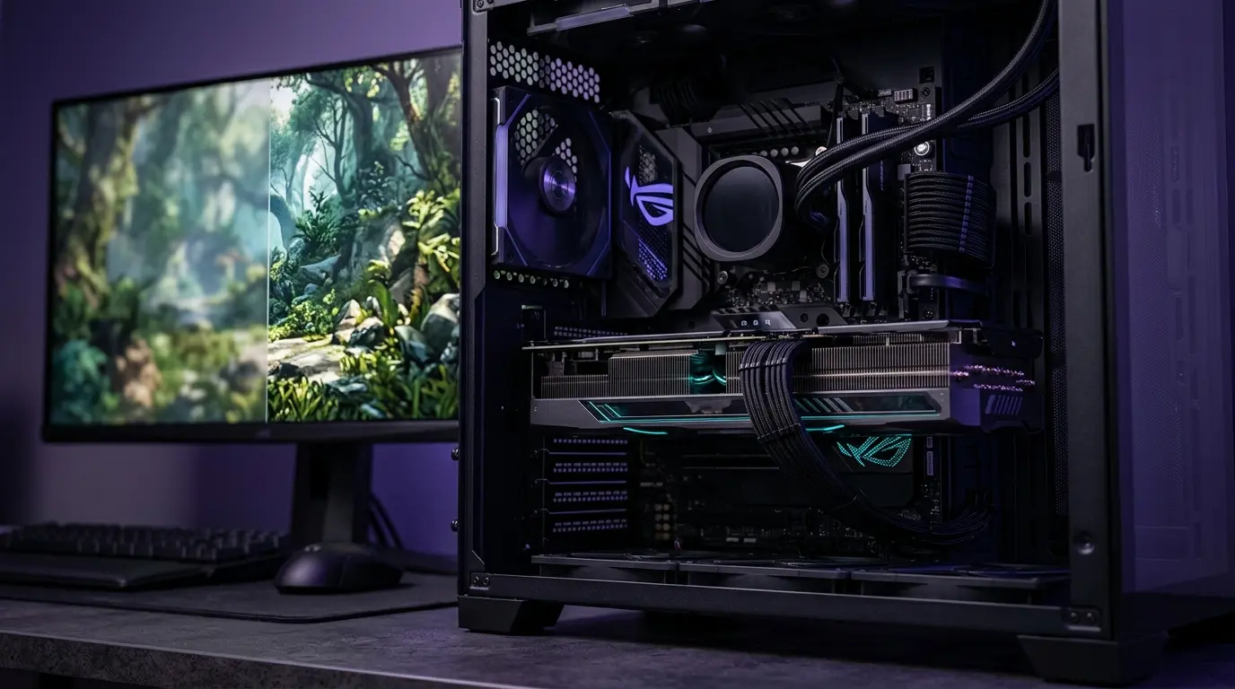 High-end graphics card with teal and violet lighting representing uncertain DLSS 5 support for RTX 40 GPUs